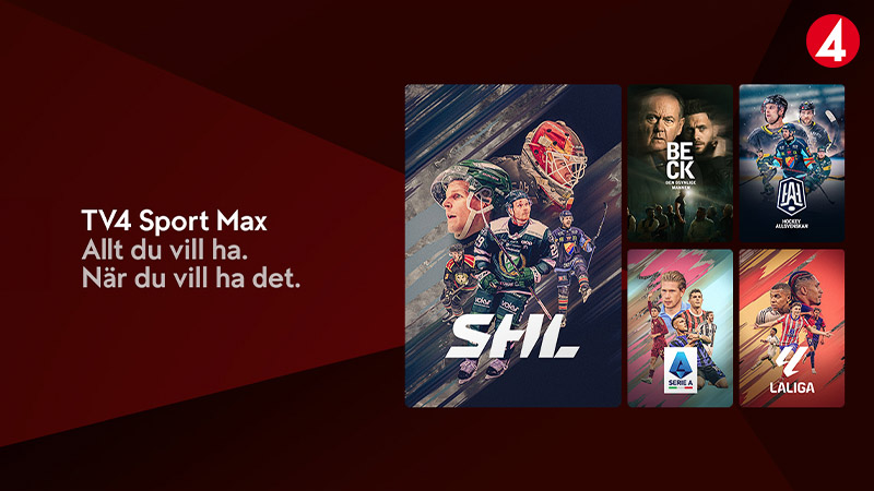 TV4 Sport Max reklamaffisch med SHL-hockeybild och andra sportprogram som La Liga och Serie A på röd bakgrund.
