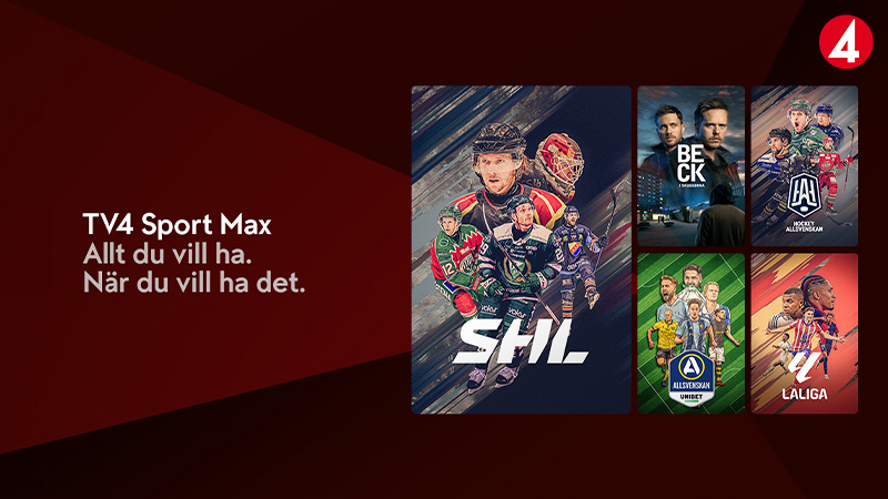 TV4 Sport Max reklamaffisch med SHL-hockeyspelare och andra sportprogram och serier