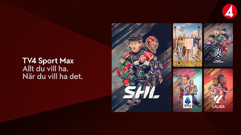TV4 Sport Max reklamaffisch med SHL-hockeyspelare och andra sportprogram som Solsidan, Serie A och LaLiga på röd bakgrund.