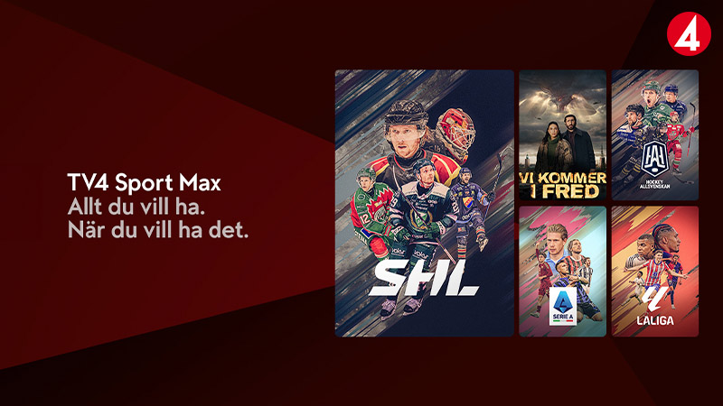 TV4 Sport Max reklamaffisch med SHL-hockeyspelare och andra sportprogram som Vi kommer i fred, Serie A och LaLiga på röd bakgrund.