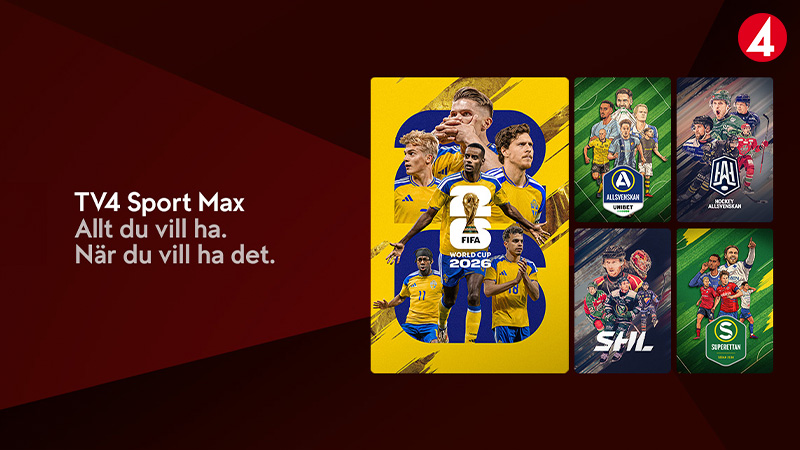 TV4 Sport Max reklamaffisch med Fotbolls-VM, Allsvenskan och andra sportprogram och serier