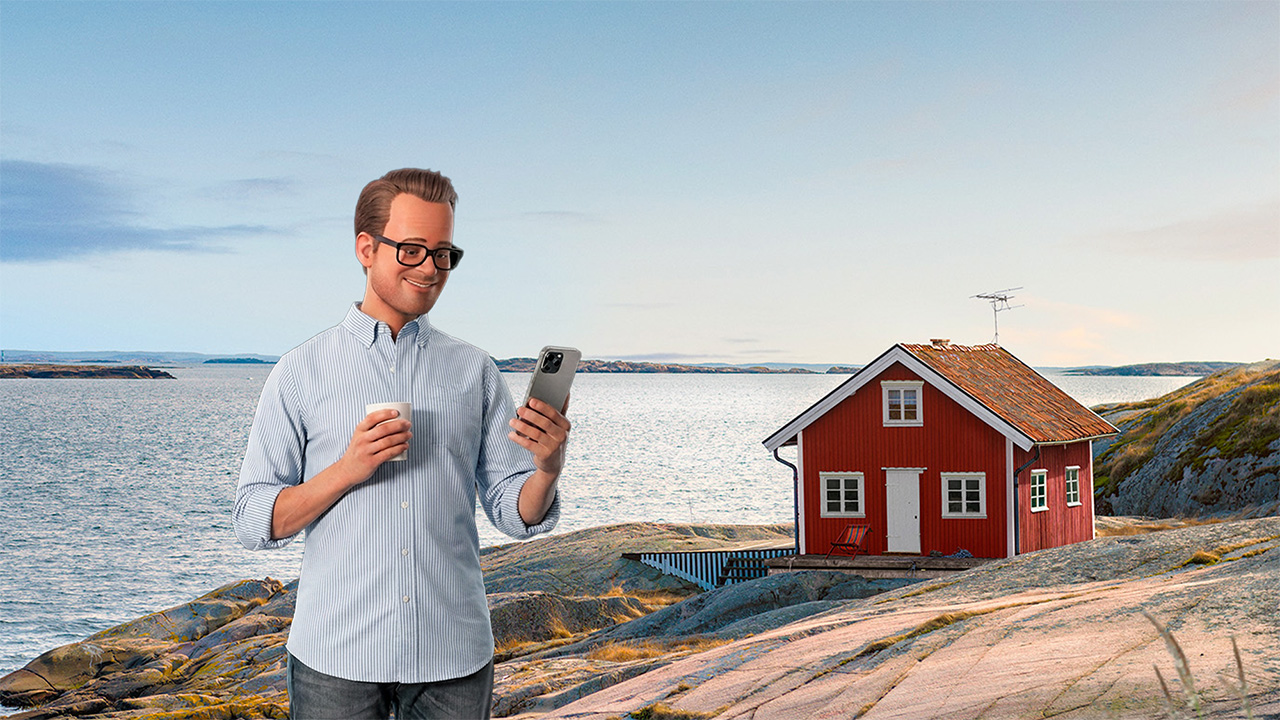Boxer-Robert tittar i mobiltelefon vid en klippa i skärgården. En röd stuga syns i bakgrunden. 
