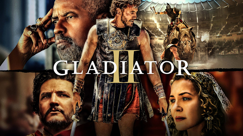 Filmaffisch f�ör Gladiator II med flera karaktärer i romersk miljö, centrerad titel och dramatisk arena-scen.