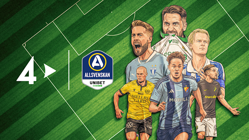 Illustration av fotbollsspelare från Allsvenskan med olika klubbtröjor mot en grön fotbollsplan med Allsvenskans logotyp.