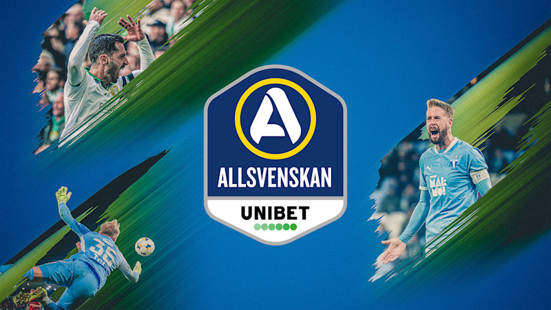 Fotbollsspelare i aktion med Allsvenskan Unibet-logotypen i mitten mot blå bakgrund med gröna penseldrag.