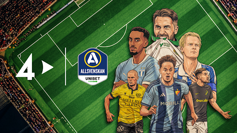 Illustration av fotbollsspelare från Allsvenskan med olika klubbtröjor mot en grön fotbollsplan med Allsvenskans logotyp.