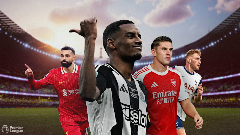 Fotbollsspelare från olika Premier League-lag i sina klubbtröjor på en fotbollsarena med Premier League-logotypen synlig.