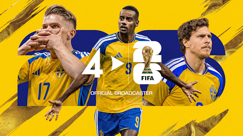 Tre svenska fotbollsspelare i gula och blå dräkter mot gul bakgrund. FIFA World Cup-logotyp och texten Official Broadcaster.