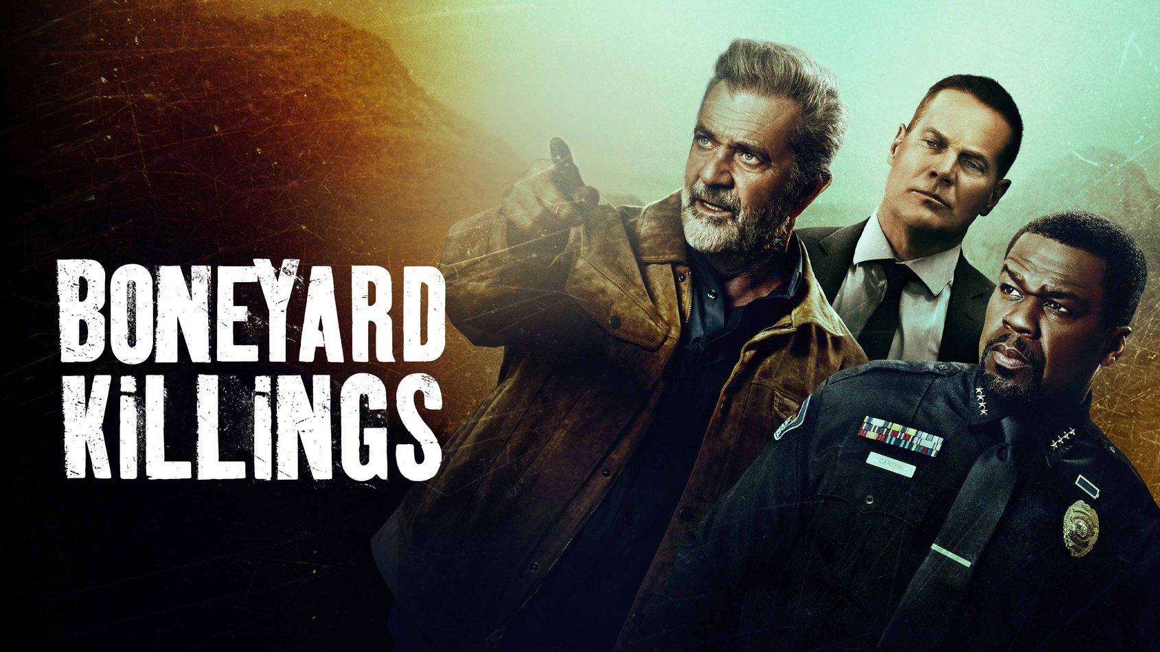 Filmaffisch för Boneyard Killings med tre män i dramatisk pose, en pekar med fingret, mot mörk bakgrund.