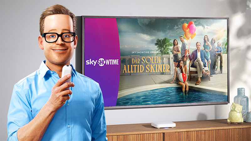 Boxer-Robert framför en tv-skärm med titel från SkyShowtime