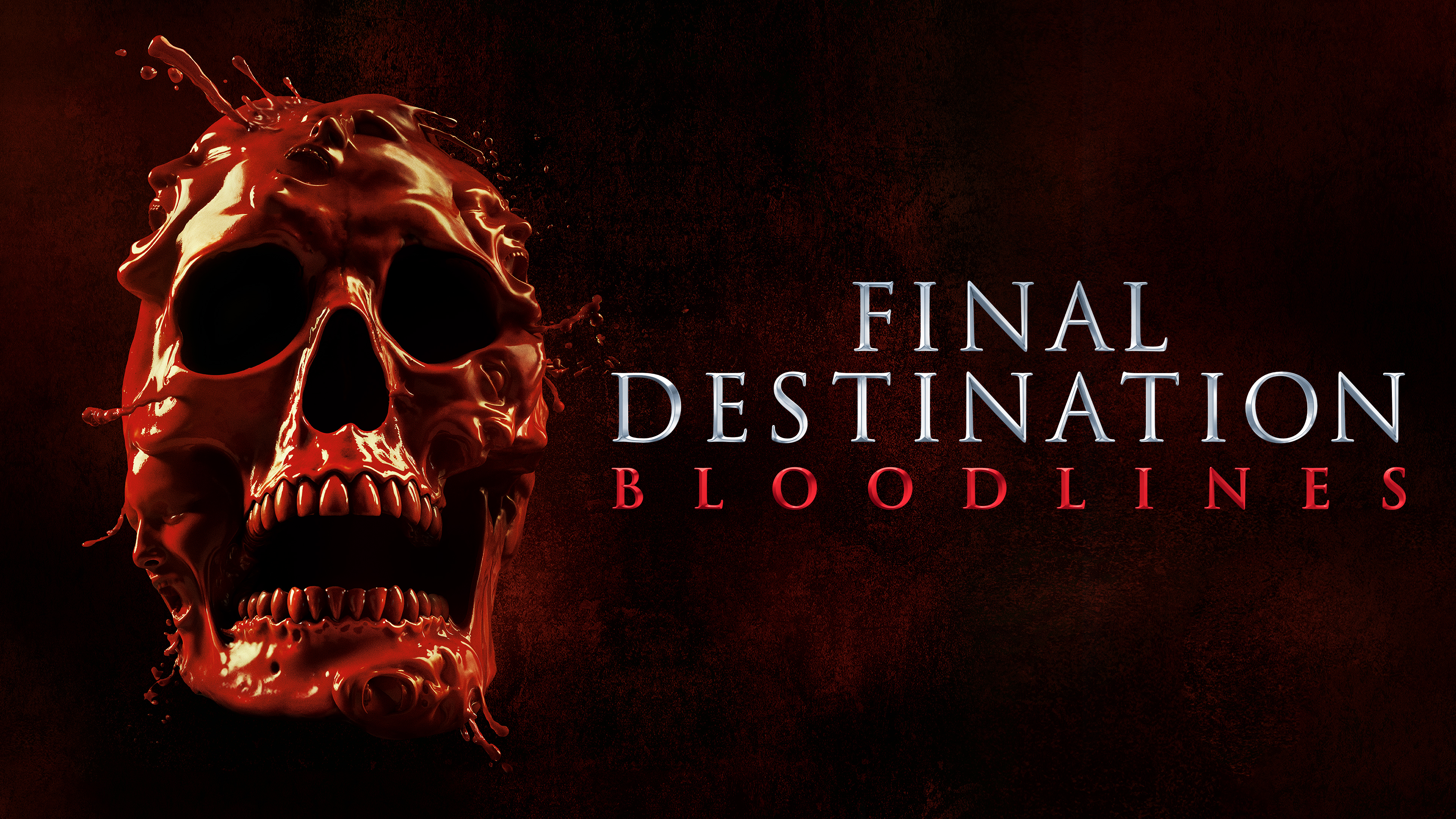 Filmaffisch för "Final Destination Bloodlines" med en blodig röd dödskalle mot mörk bakgrund.
