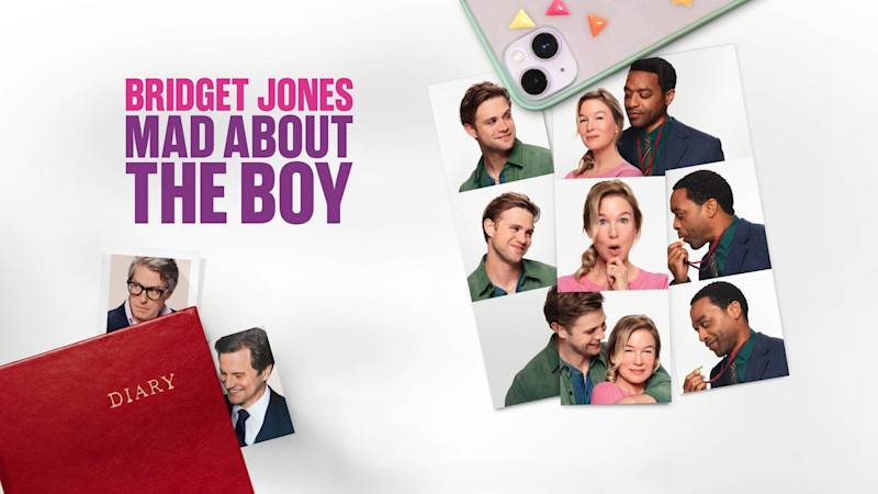 Affisch för filmen Bridget Jones: Mad About the Boy med titeln i lila text och flera polaroidliknande foton av Bridget Jones tillsammans med olika män, samt en röd dagbok märkt "Dagbok" i förgrunden.