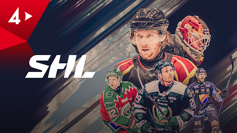 Ishockeyspelare i olika färgglada tröjor med SHL-logotypen, visar spelare från olika lag i den svenska hockeyligan.