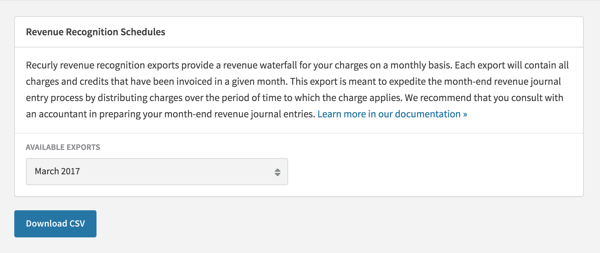Revenue Recognition Schedules screen on Recurly software