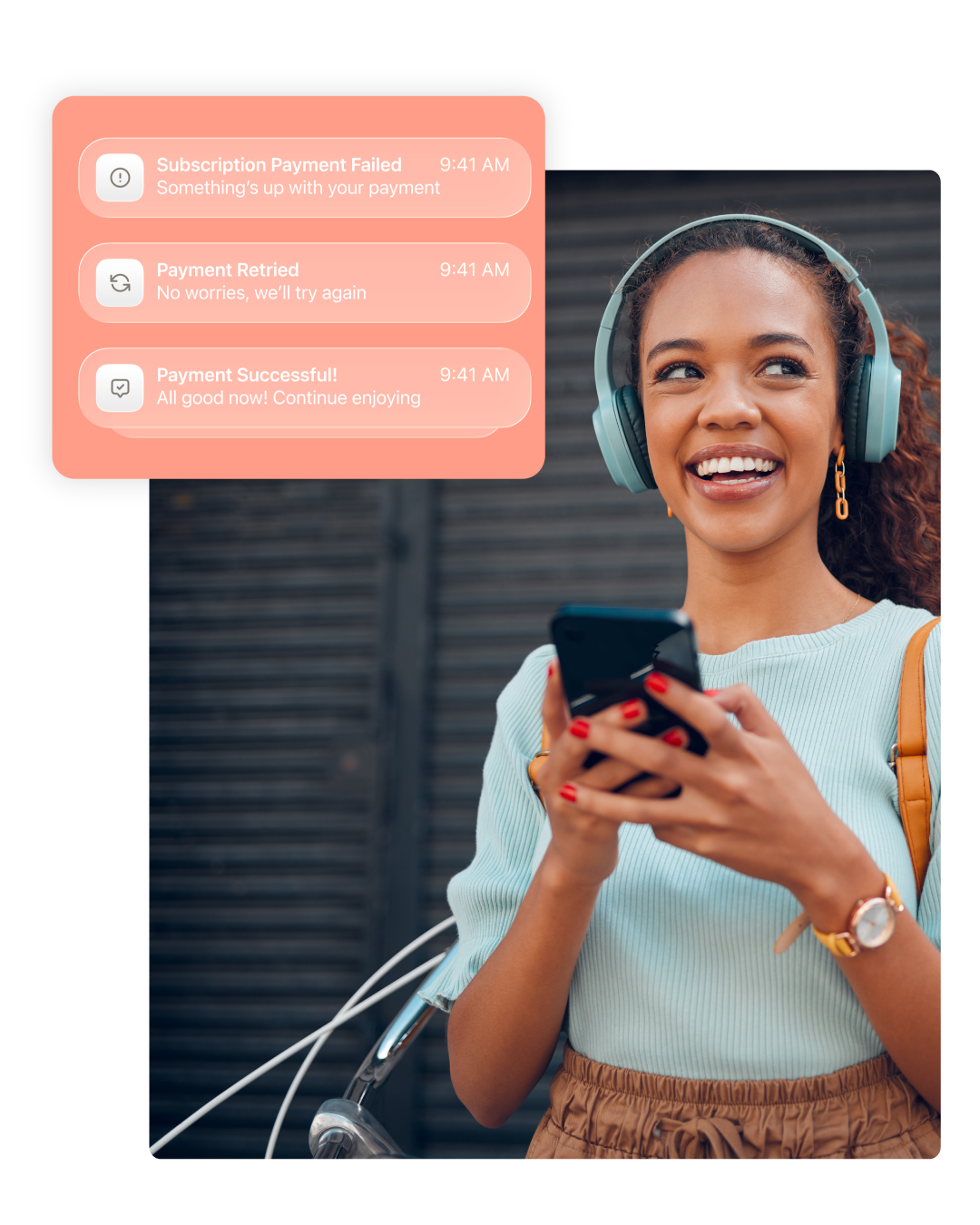 A smiling woman in headphones checks her phone, displaying payment notifications, with a bicycle nearby.