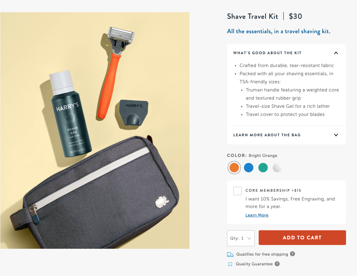 Shave travel kit product screen