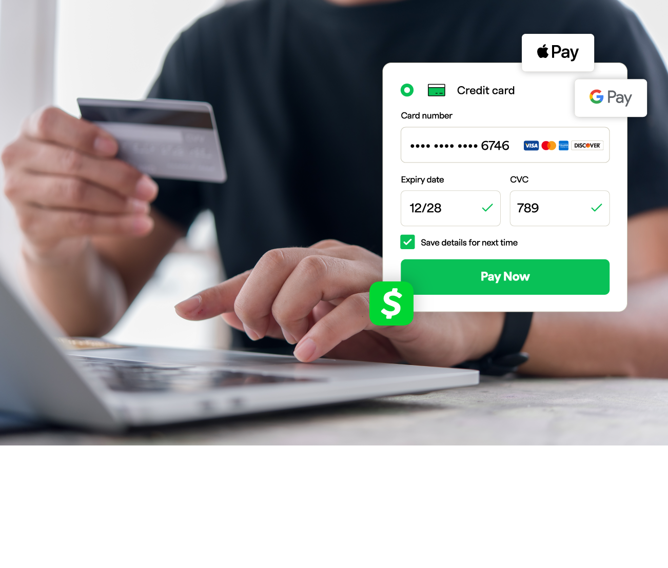 Person holding a credit card while entering payment details on a laptop, with digital payment options displayed.