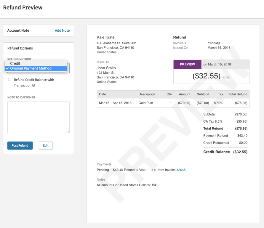 Refund Preview screen on Recurly software
