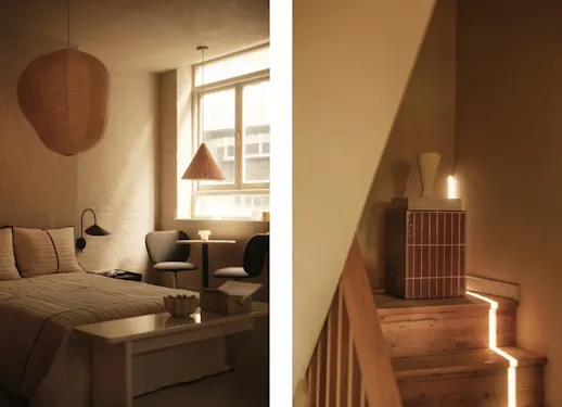 A bedroom with soft furnishings and a staircase with decorative ceramics, both showcasing walls in KABRIC Chestnut illuminated by natural daylight.