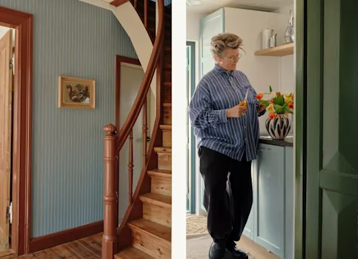 Door frames and staircase in Wood Paint Bloody Mary in the hallway, and Carla Camilla arranging tulips in a kitchen.