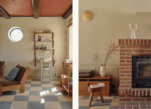 A round window, wall-mounted shelves and a checkered floor in Carla Camilla's living room, and a brick fireplace against a wall in KABRIC Mushroom.