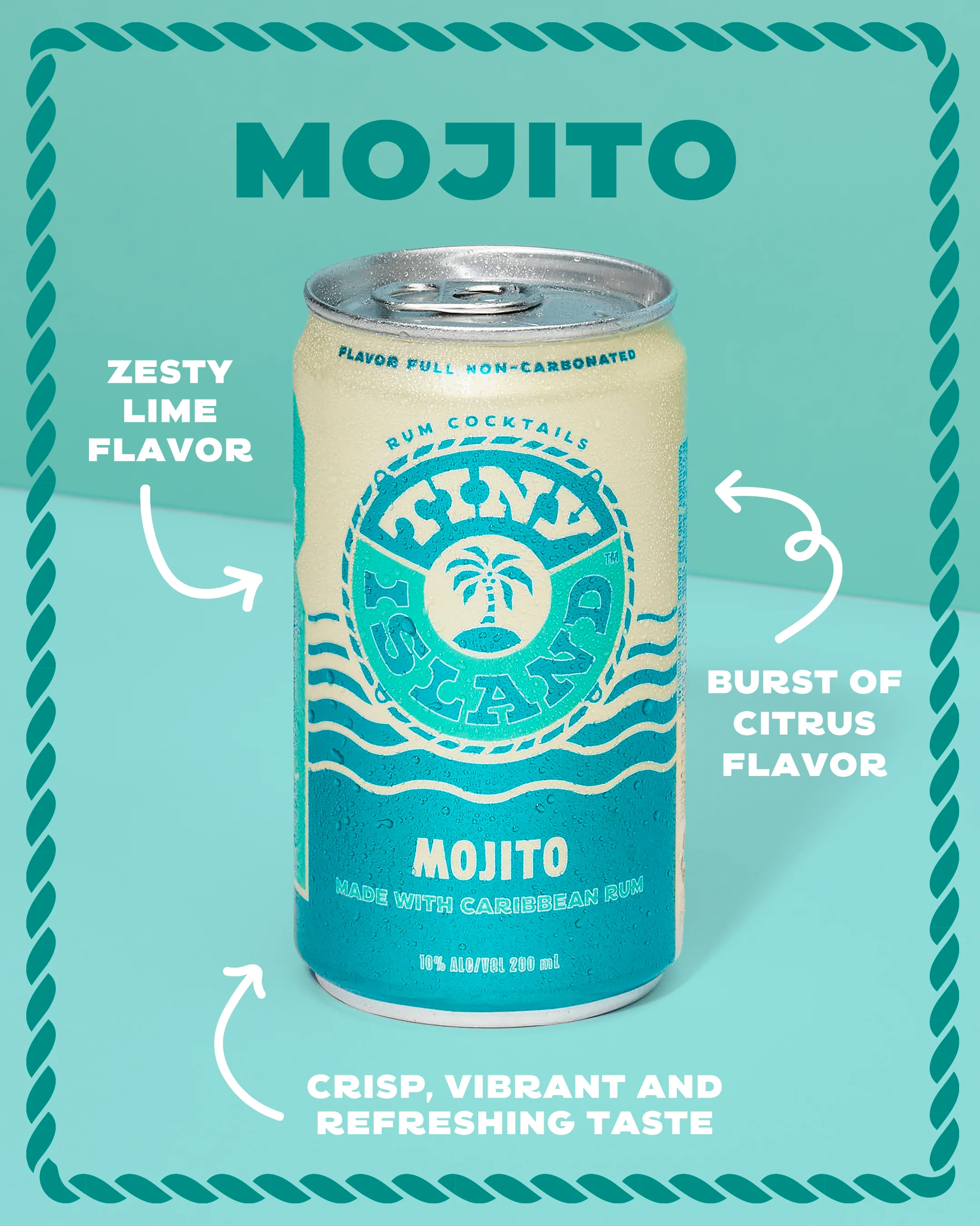 Mojito, zesty lime, burst of citrus flavor, and crisp, vibrant, and refreshing taste
