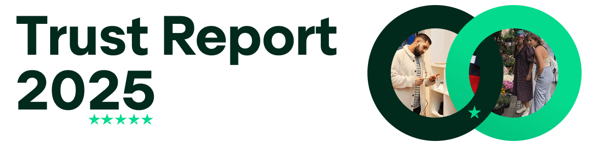 A graphic with 'Trust Report 2025' written in a large font on the left, with an intertwining circle on the right. Each circle displays a photo of people browsing in stores. It also features the Trustpilot star.