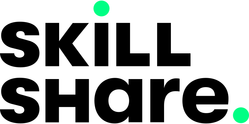 A minimalist logo with a black text saying skills share featuring two bright green circular dots for the I and full stop, one positioned at the top left and one at the bottom right.