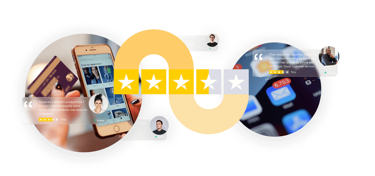 A collage of digital experiences, including a hand holding a smartphone displaying an e-commerce app and a credit card, overlaid with customer reviews, star ratings, and an abstract yellow ribbon.