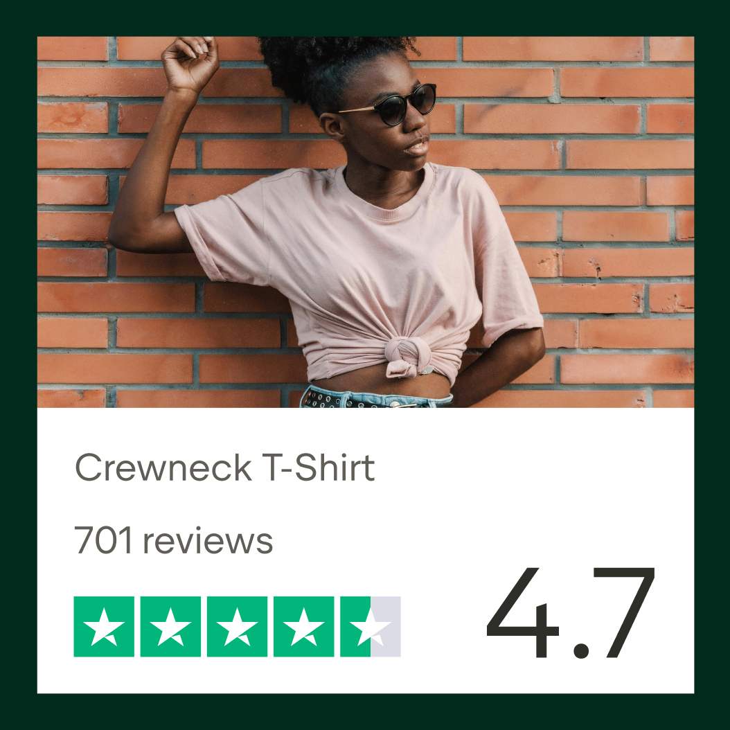 Trustpilot promotional example of a product review card for a crewneck T-shirt