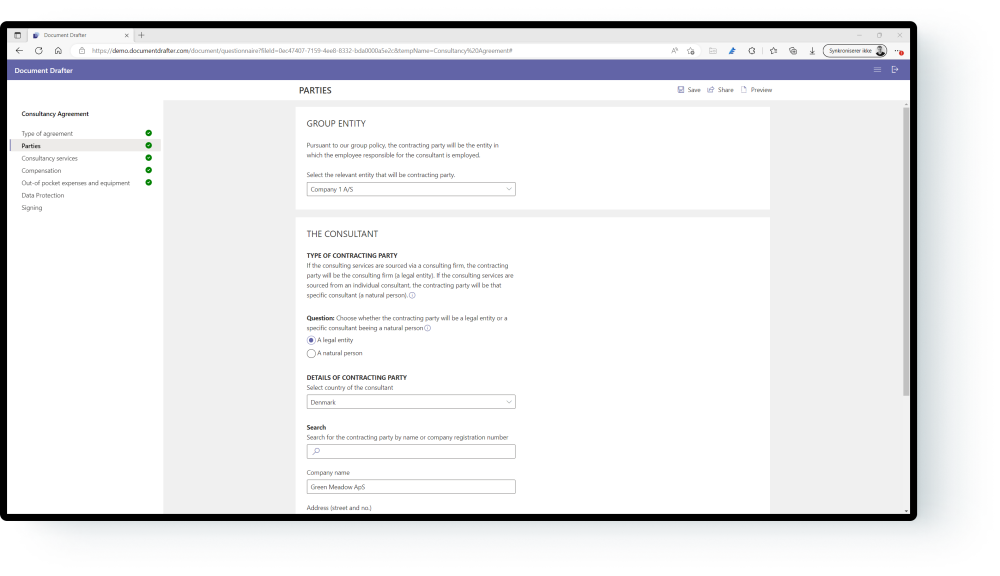 Questionnaire sections