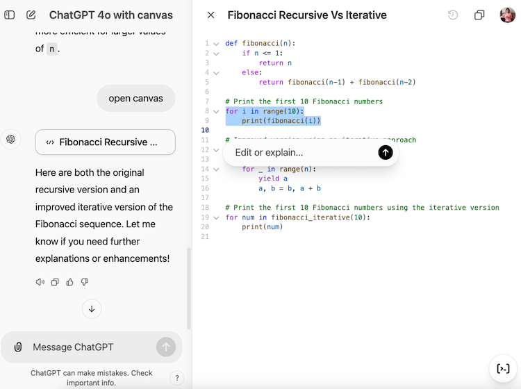 ChatGPT canvas for coding