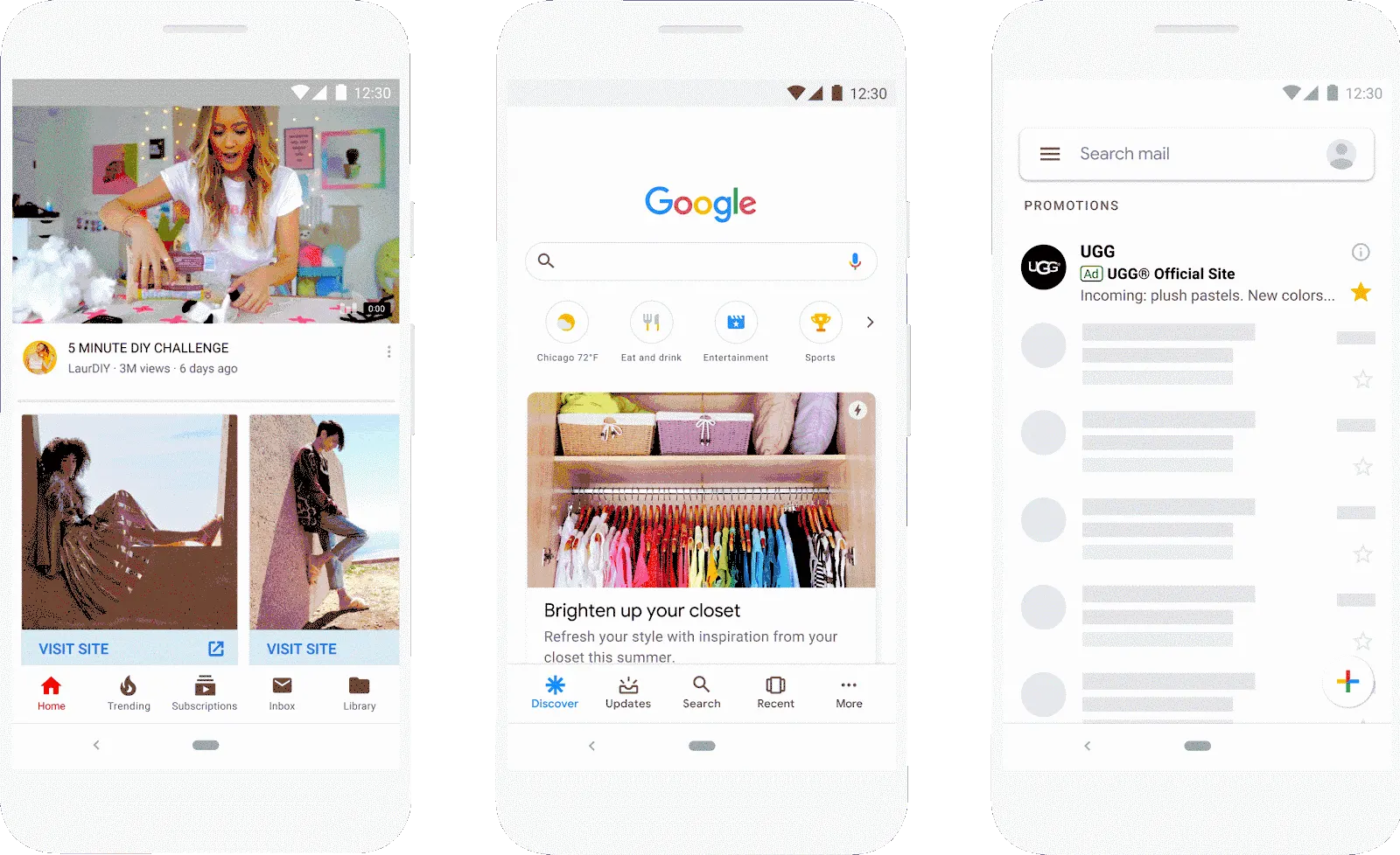 Three smartphones display YouTube, Google Search, and Gmail apps, each showing colorful ads and search results on their screens.