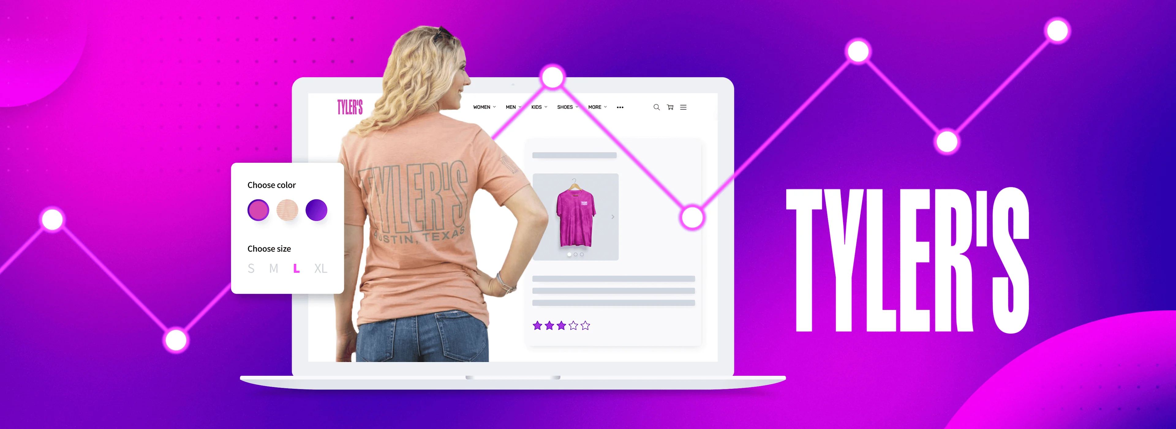 Woman in a TYLER'S shirt stands in front of a laptop displaying an online store, with a pink and purple digital background.