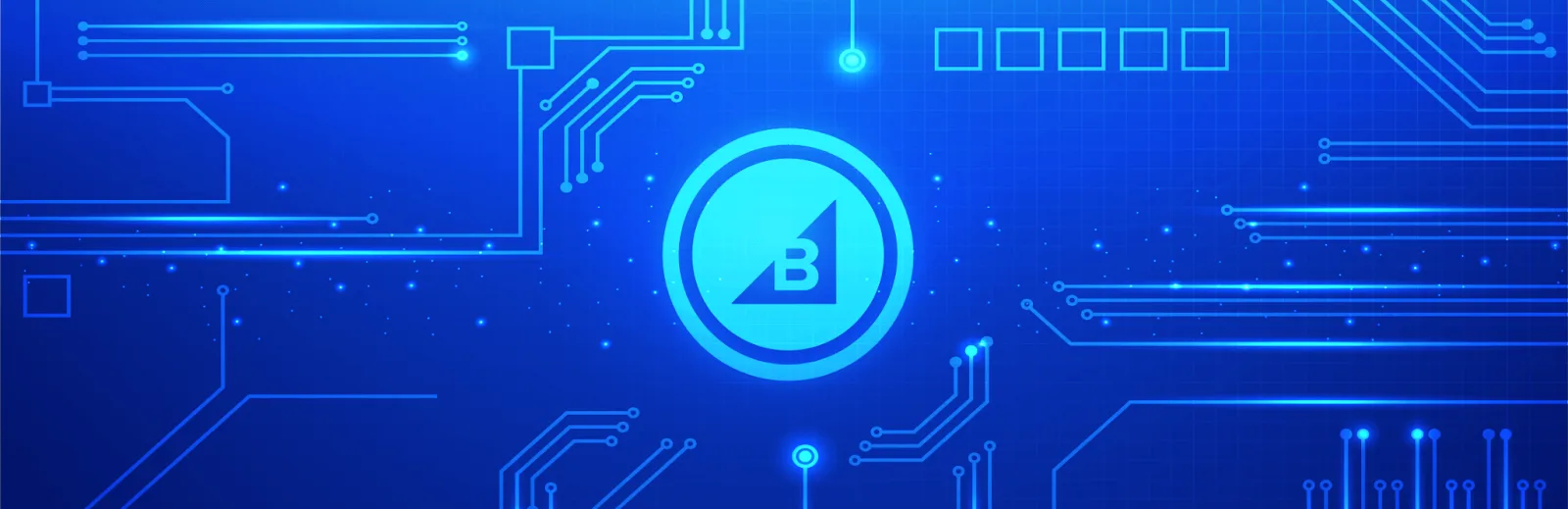 Blauwe digitale printplaatachtergrond met gloeiende lijnen en een cirkelvormig logo met een gestileerde letter B in het midden.