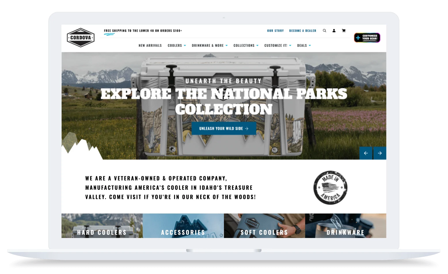 Laptop screen showing Cordova's website with a large cooler, mountain scenery, and "Explore the National Parks Collection" text.