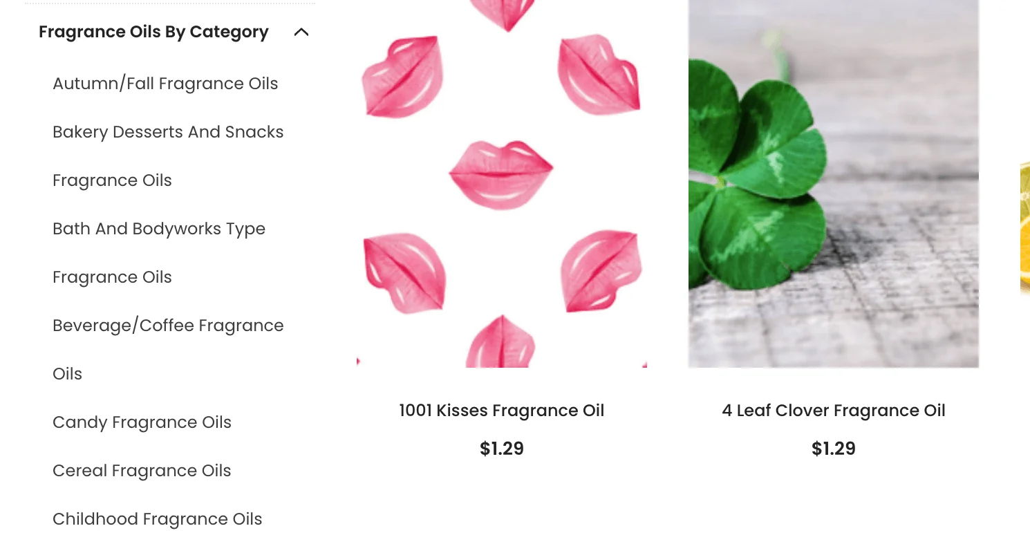 Product filter for fragrance oils with four-leaf clover on weathered wood surface, bright green leaves against grey textured background.