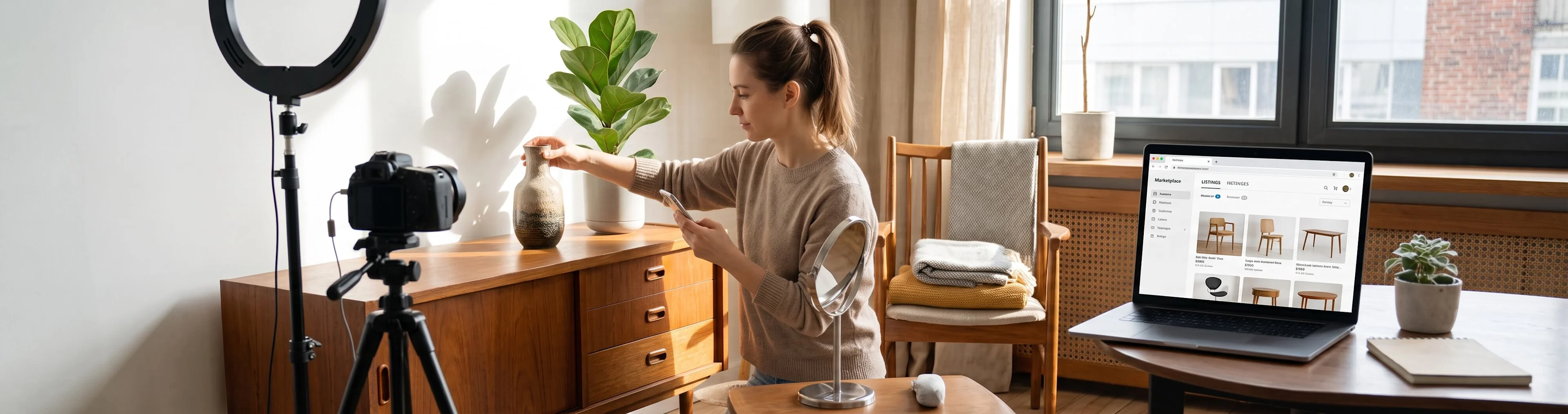 Woman filming product video with ring light and camera, holding vase in bright apartment with laptop showing furniture.