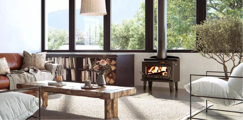 Wood-burning stove by Glen Dimplex featured in a cozy living room with natural light, rustic furniture, and a view of outdoor greenery.