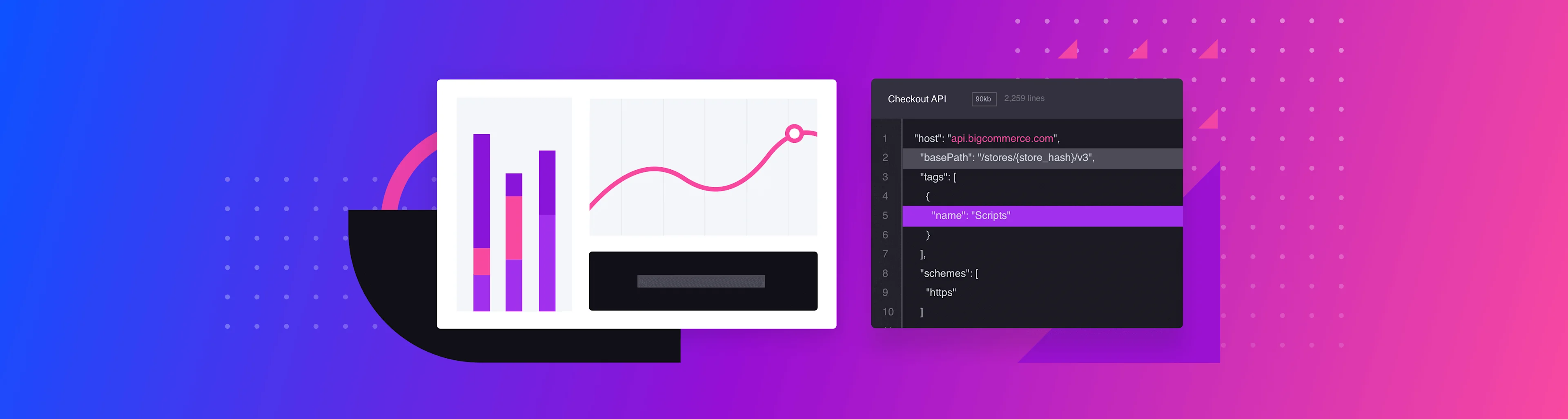 Colorful dashboard with bar and line graphs on a blue-pink gradient background, next to code for a Checkout API.