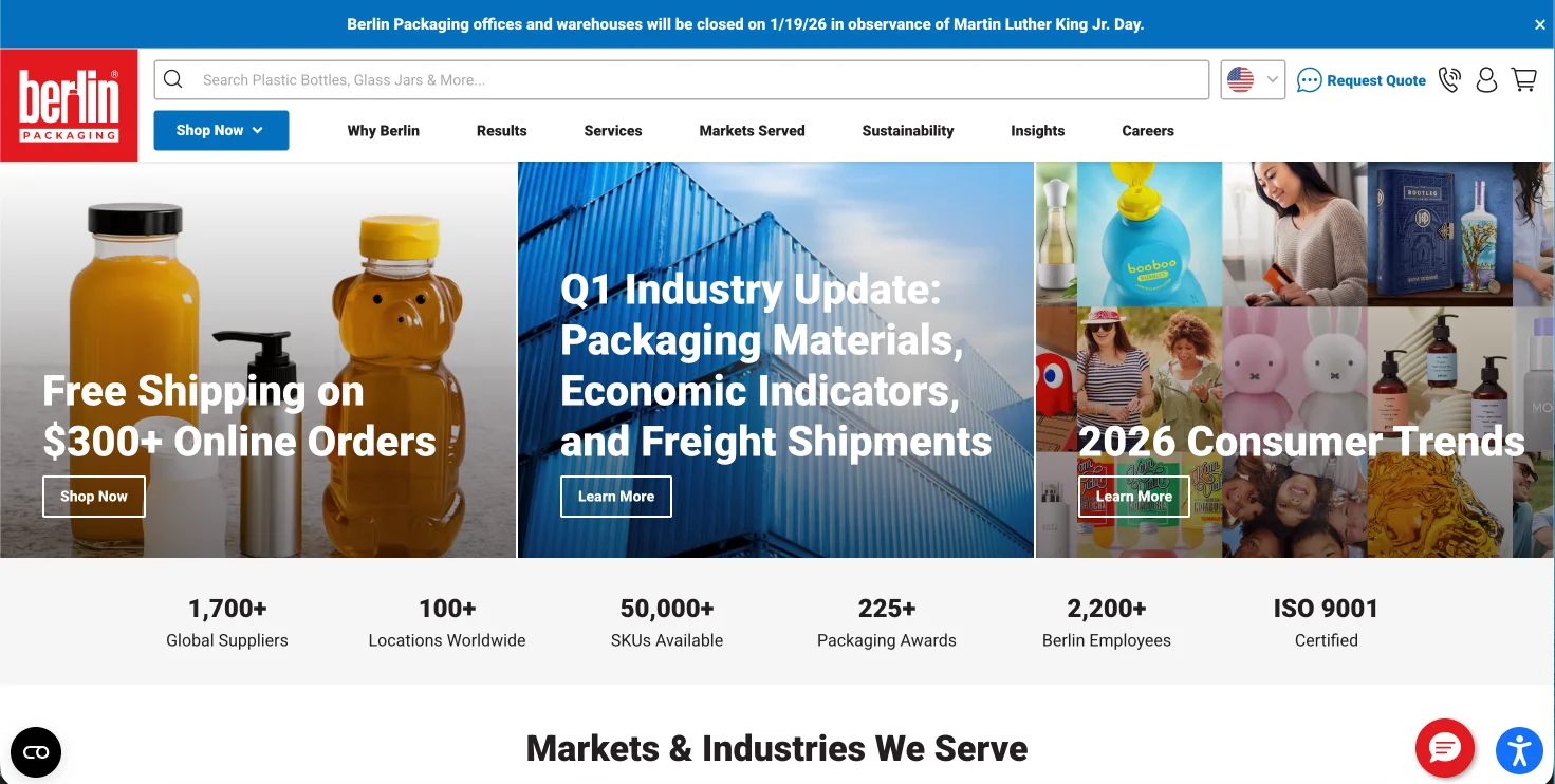 Berlin Packaging hero banner featuring glass juice bottles, blue shipping containers, and 2026 consumer trends.