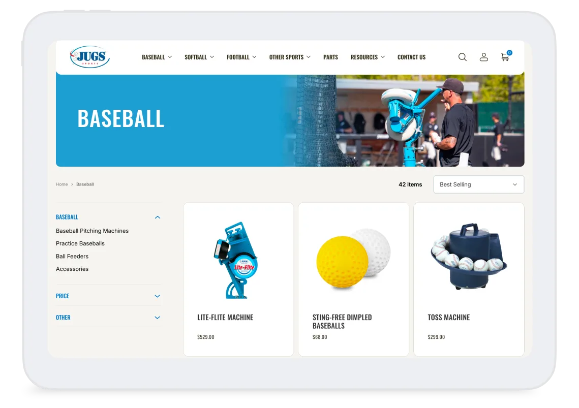 Baseball equipment webpage showing pitching machines, practise balls, and training gear with navigation menu and product listings.