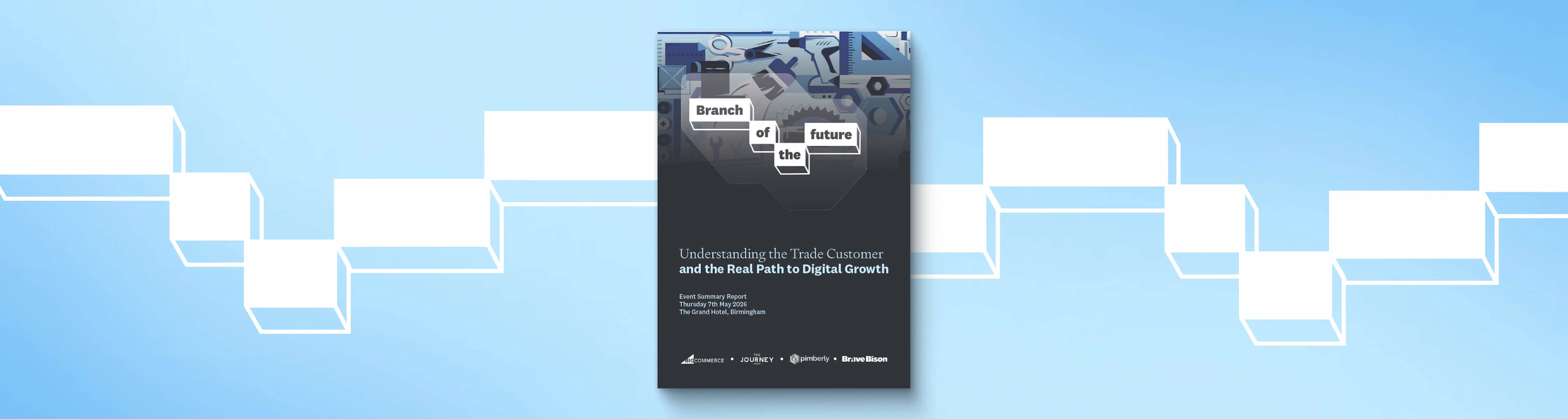 Event report cover with 3D illustration and text "Branch of the future" on dark background with blue geometric shapes.
