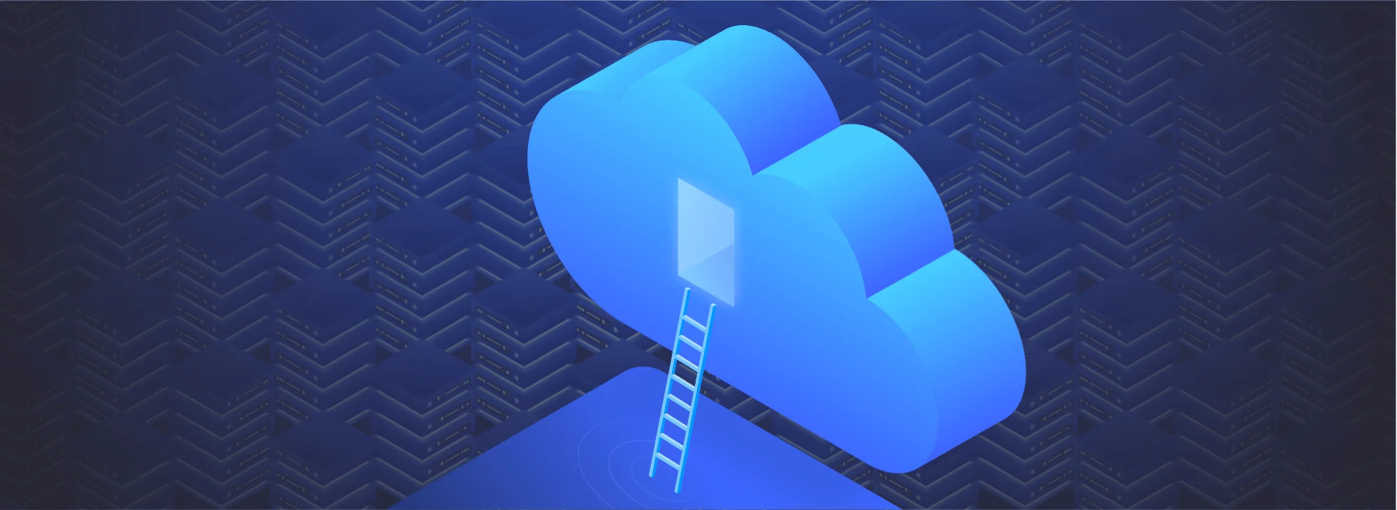 Blue cloud with a door and ladder, floating above a background of stacked server racks in dark blue tones.
