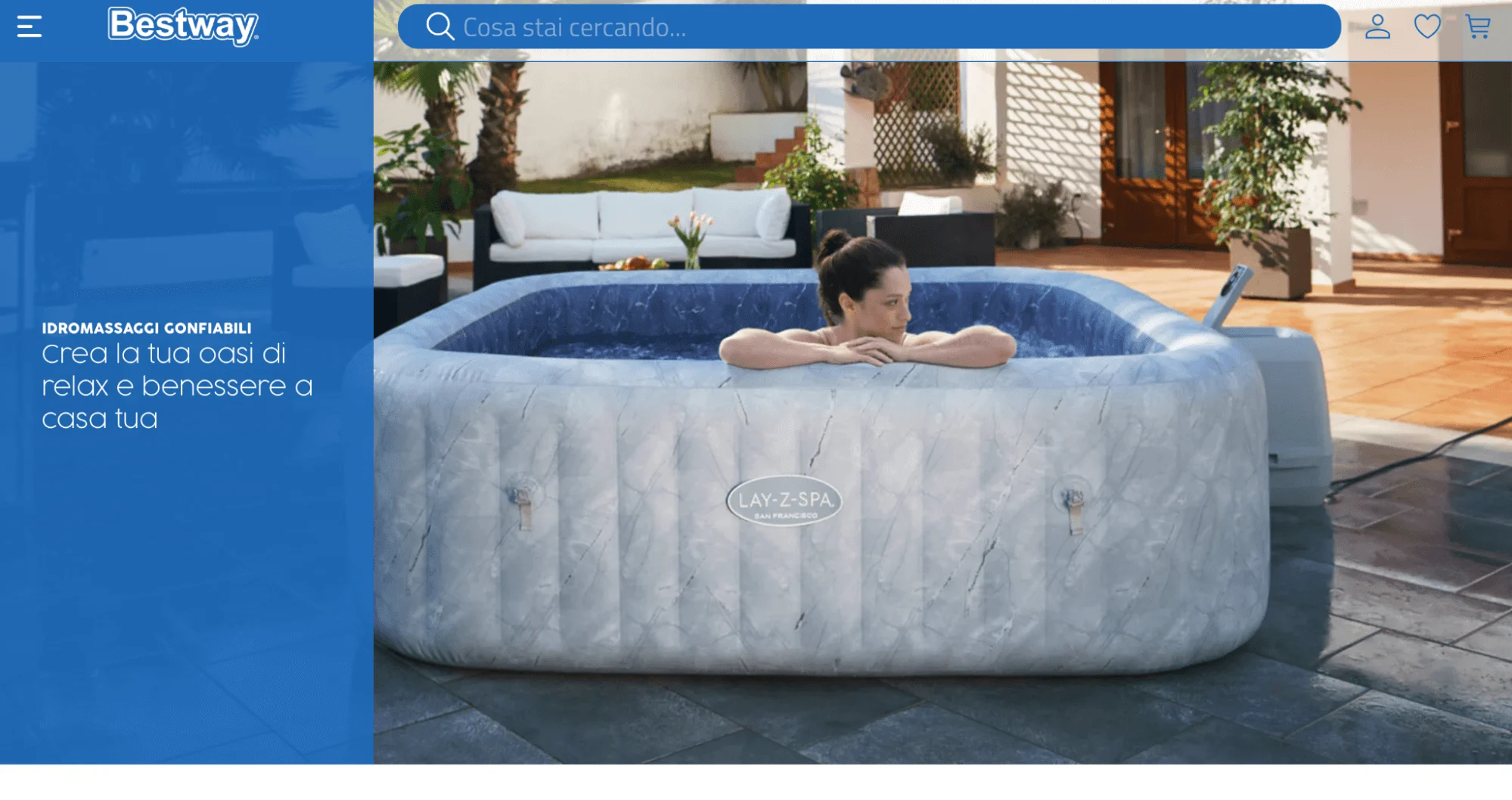 Woman in "Lay-Z-Spa" on an outdoor patio.