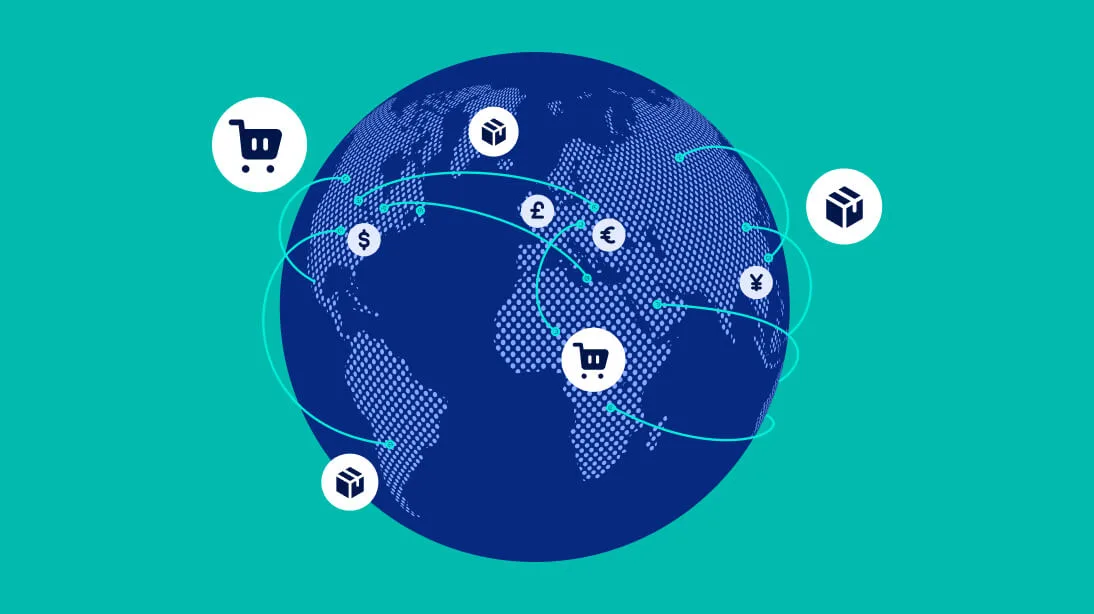 Blue globe with white dotted continents, connected by lines with currency symbols, shopping carts, and package icons.
