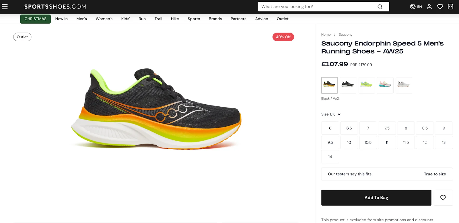 colorful tennis shoe product listing on SportsShoes.com with multiple color and size options