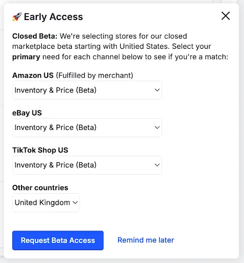 Early Access beta signup form with dropdown menus for Amazon US, eBay US, TikTok Shop US, and Other countries options.