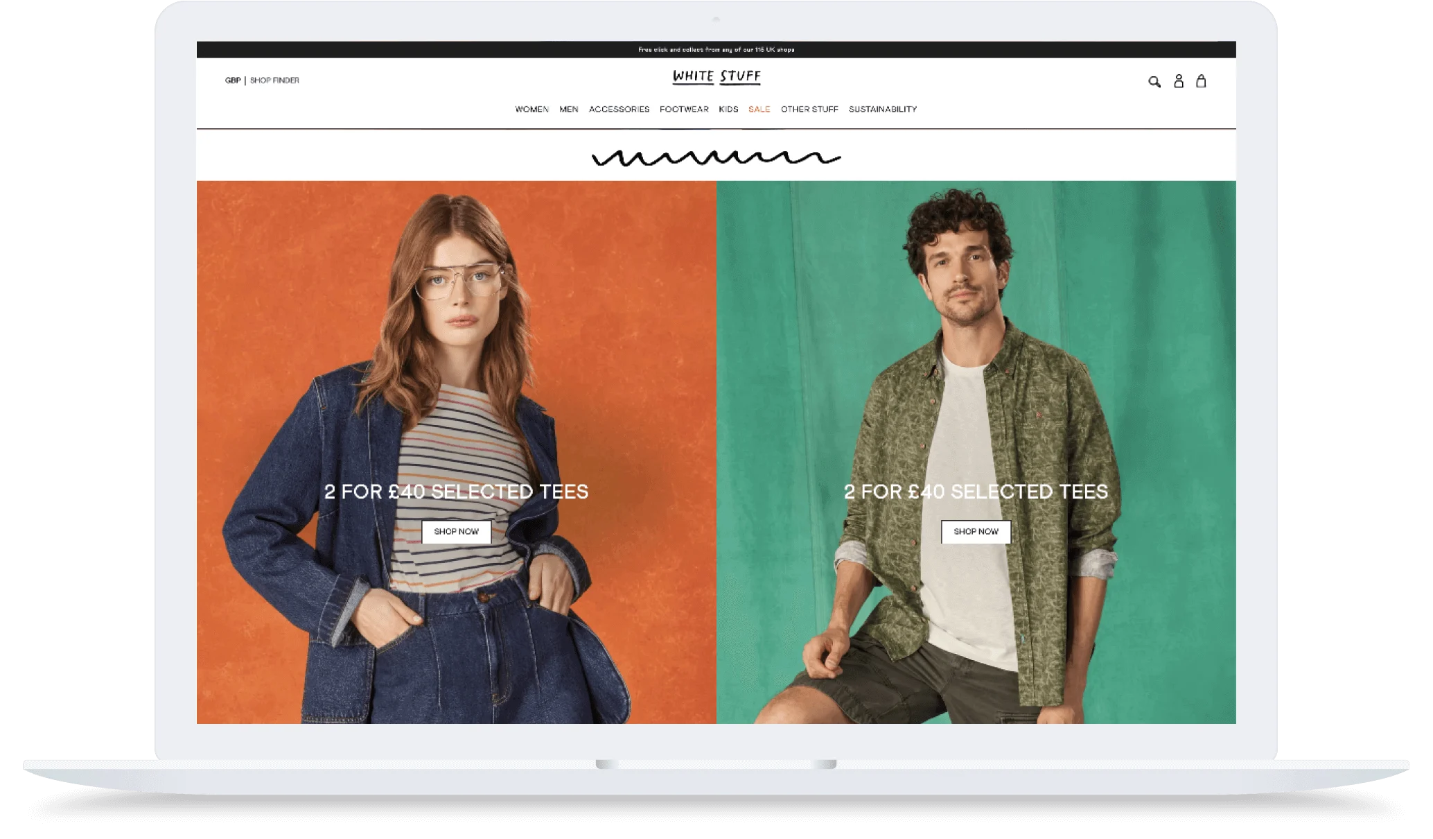 A woman in denim and a man in a green shirt model tees on a split orange and teal background, with sale text overlay.