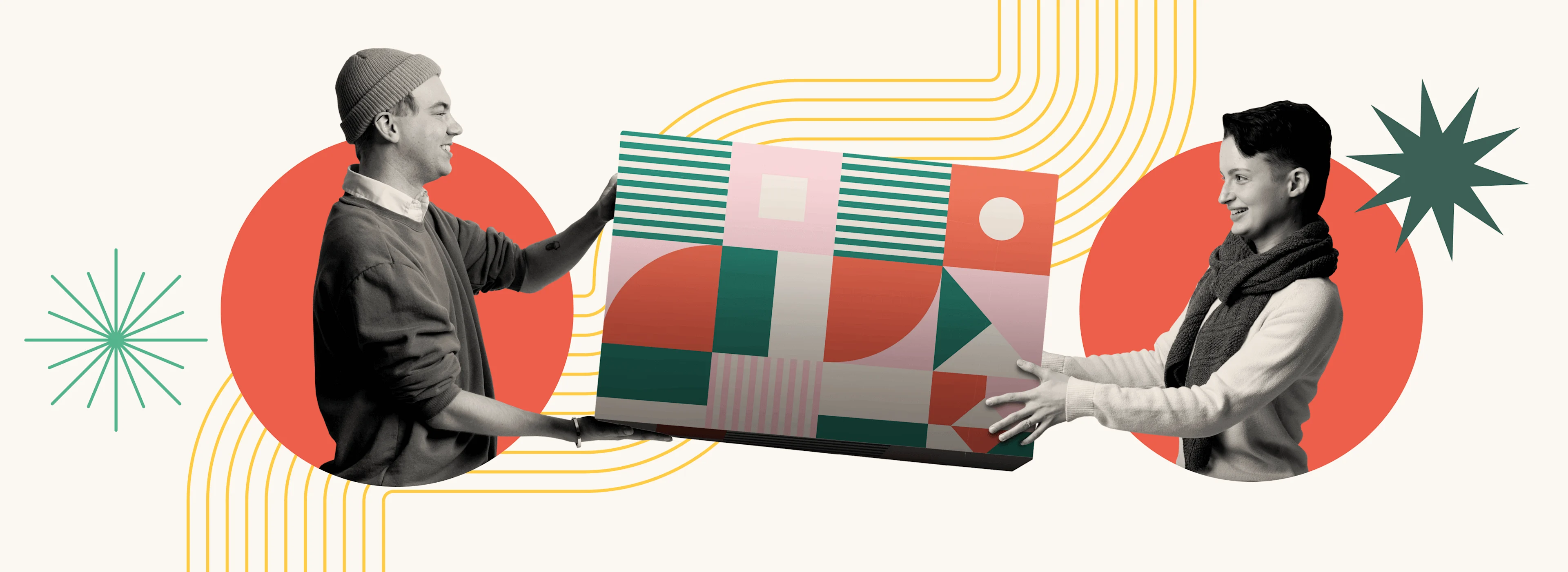 Two people smiling and holding a large, colorful geometric box, with abstract shapes and orange circles in the background.